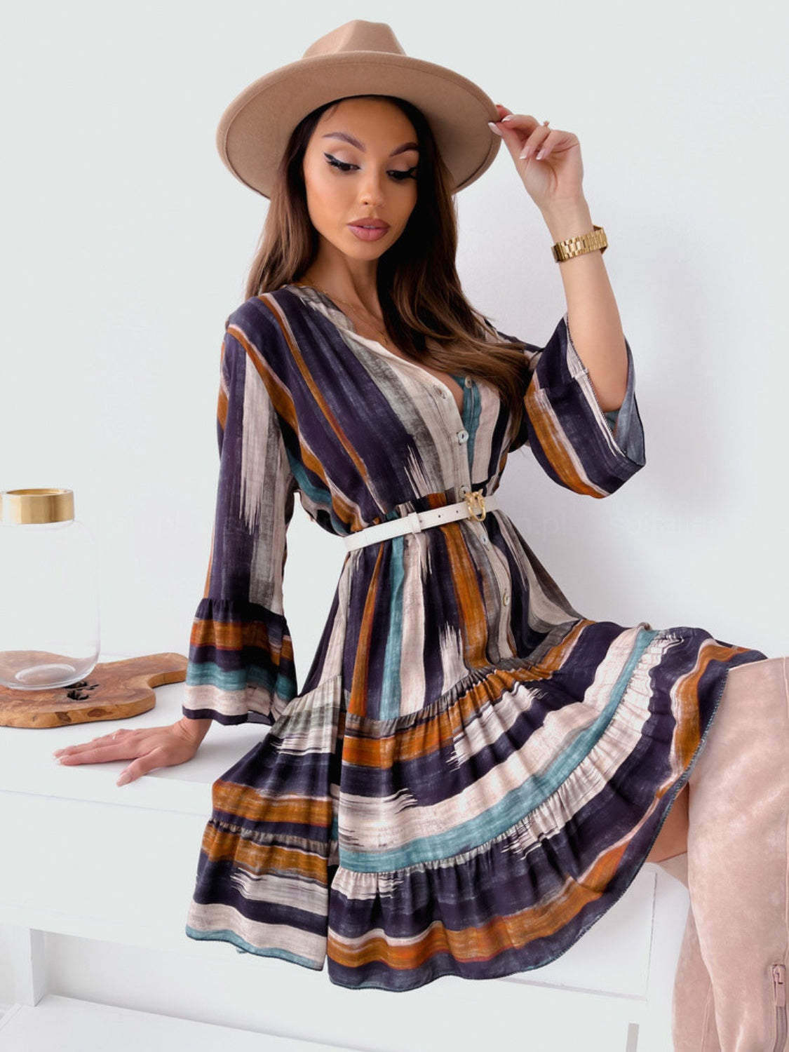 Vibrant Striped Buttoned Mini Dress with  Long Sleeves