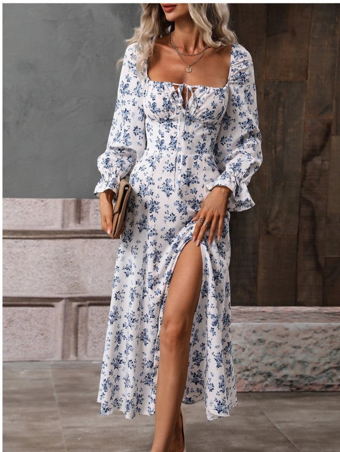 Flowers   Printing Long Sleeve Dress with Square-neck