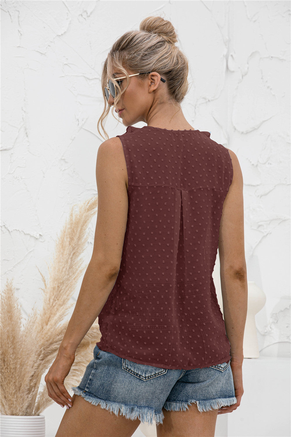 Swiss Dot Ruffled Wide Strap Tank Top