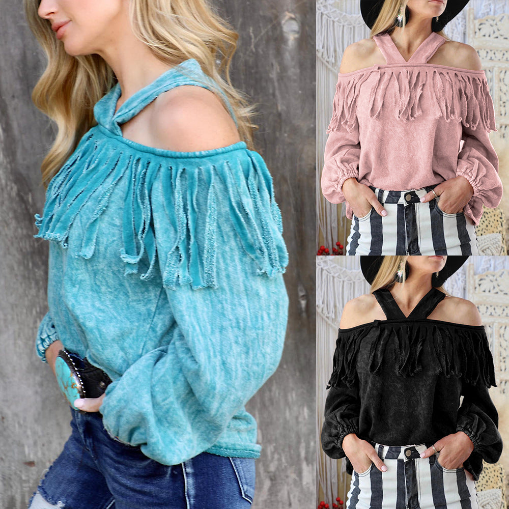 Country Modern Tassels  Off-Shoulder Blouse & Lantern Sleeves