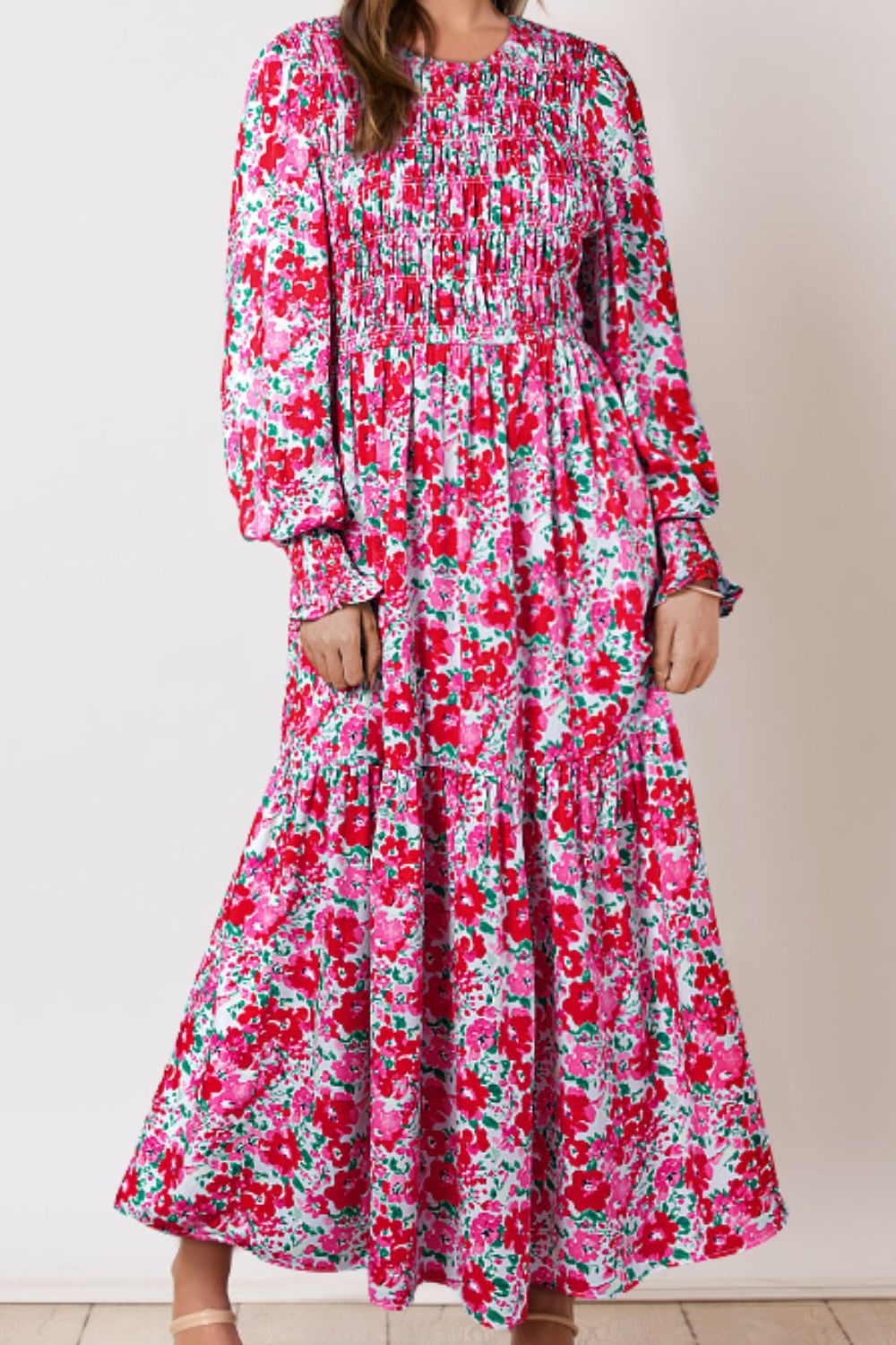 Pink Rose Printed Maxi Dress with Round Neck & Lantern Sleeve