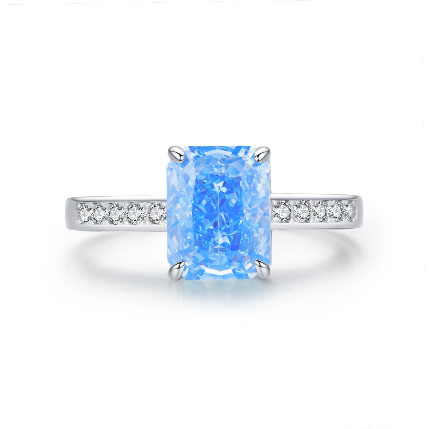 Cool Blue Ice Flower Emerald Cut CZ Ring, 925 Sterling Silver.