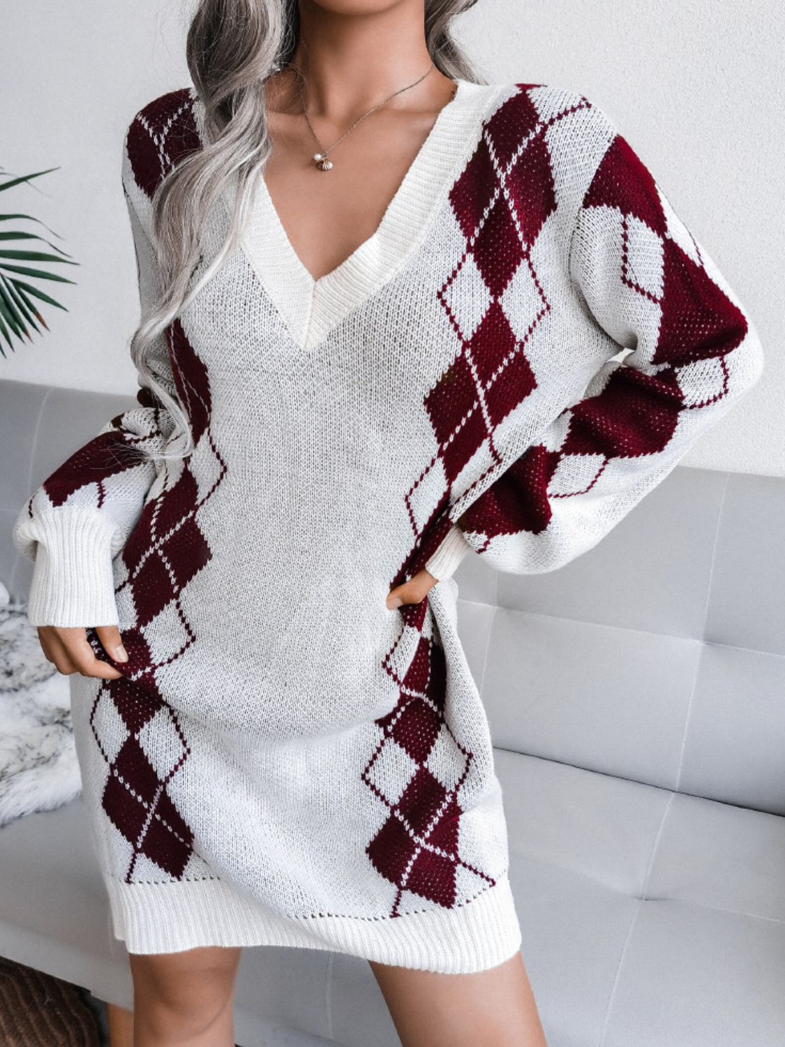 Woven Argyle V-Neck Ribbed Trim Sweater Dress