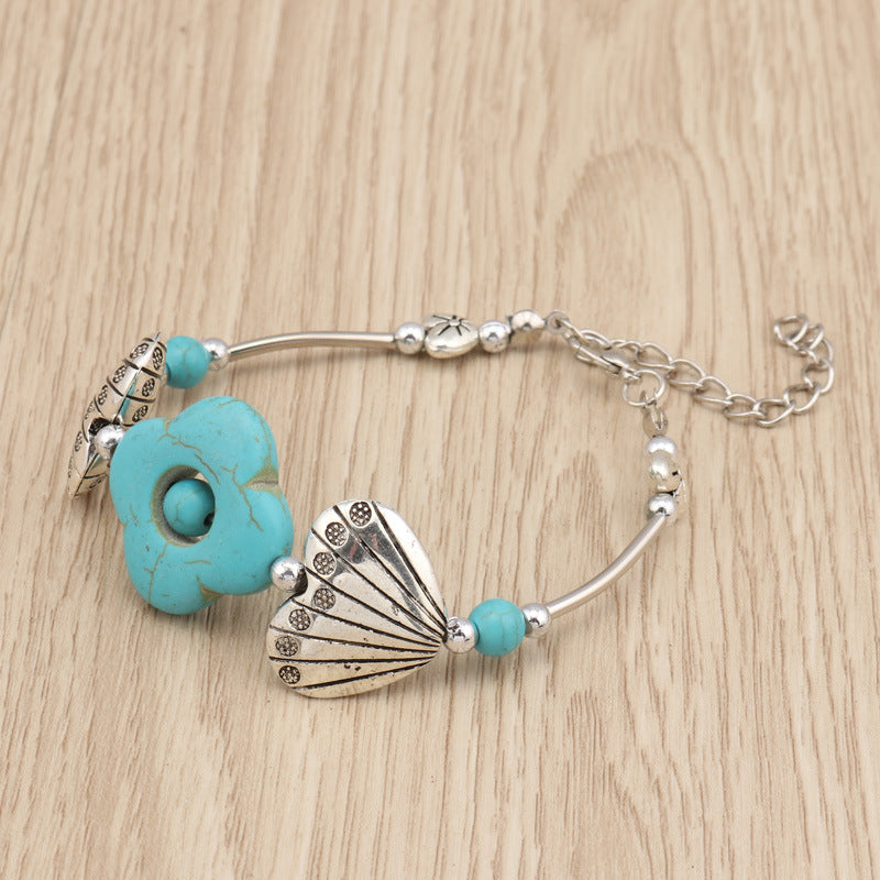 Vintage Bohemian Turquoise Bracelet, Silver Seashell & Leaves.