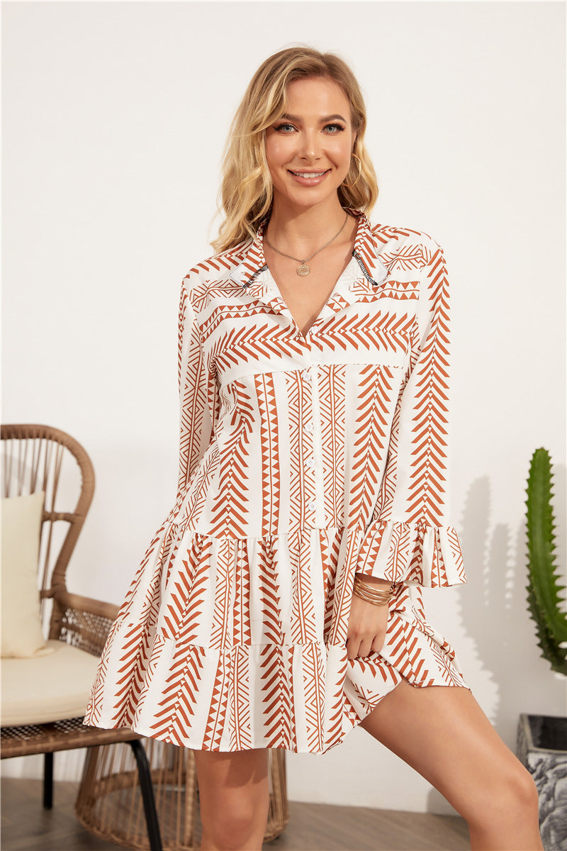 Spring Style  Boho Swing Ruffle Dress with Long Sleeves