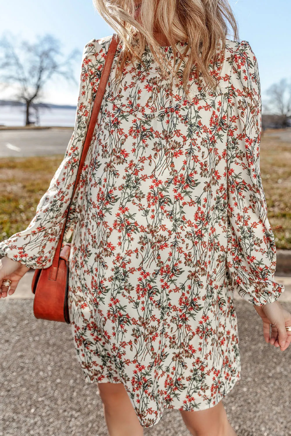 Fall Floral Round Neck  Mini Dress with Long Sleeve