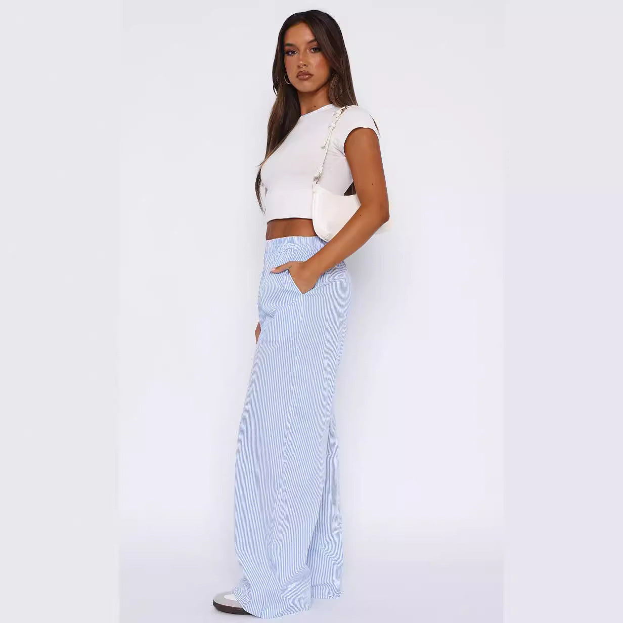 Striped Elastic High Waist Wide Leg Straight Pants