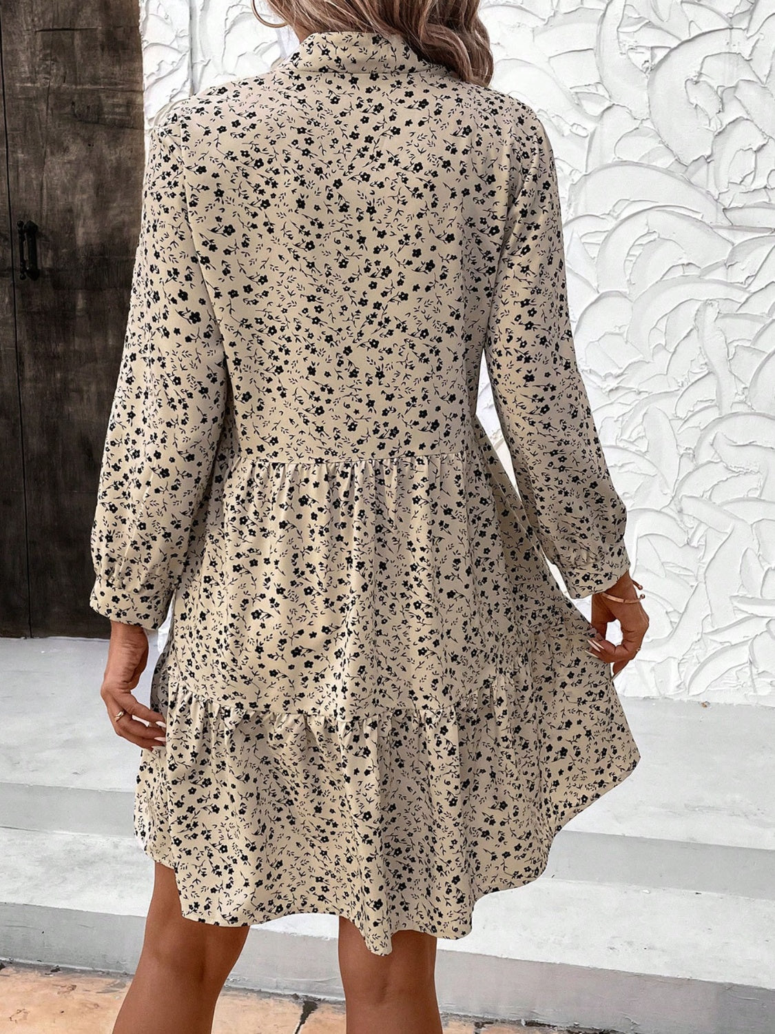 Khaki Tied Printed Mini Dress with  Long Sleeve