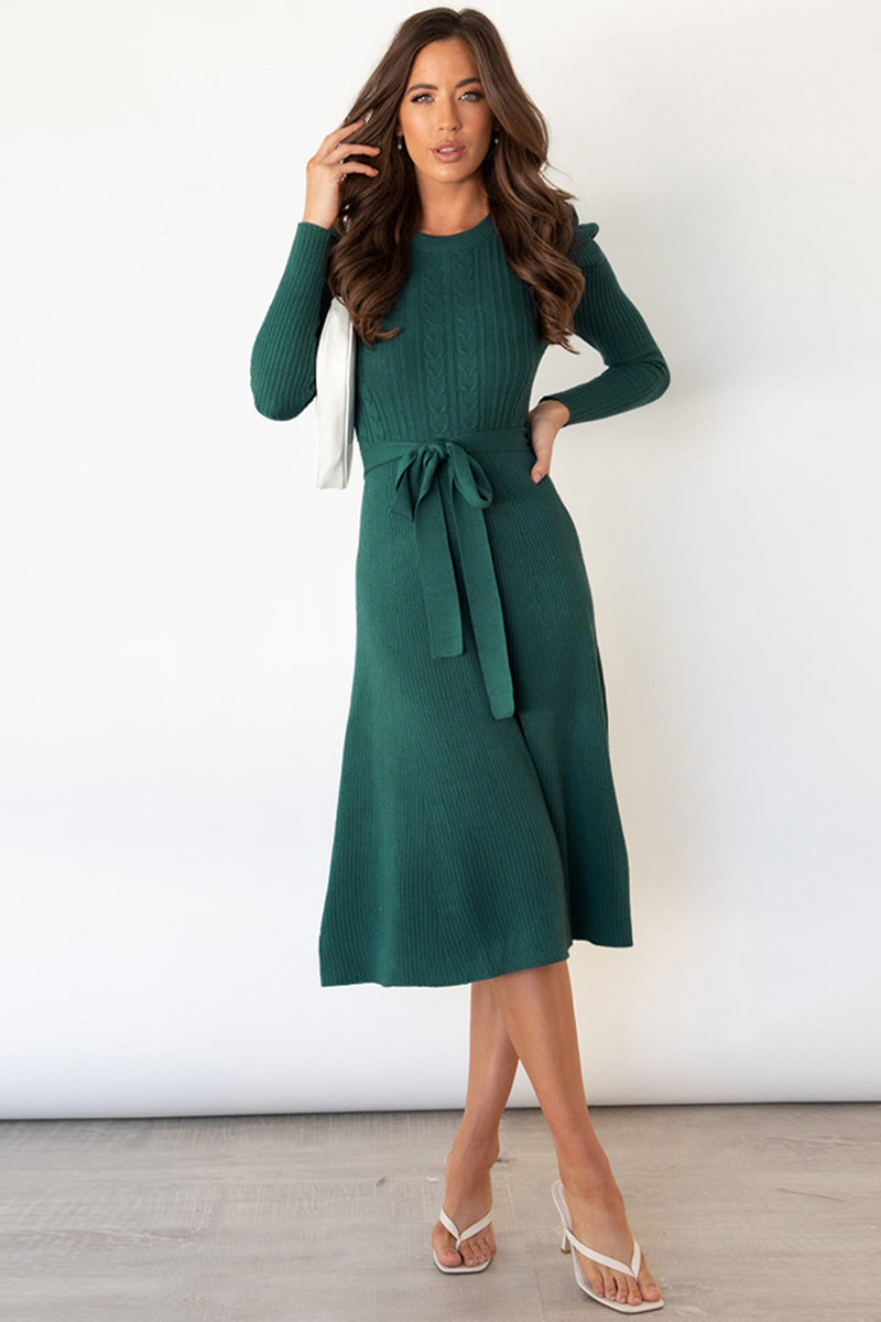 Round Neck Long Sleeve Tie Waist Midi Sweater Dress