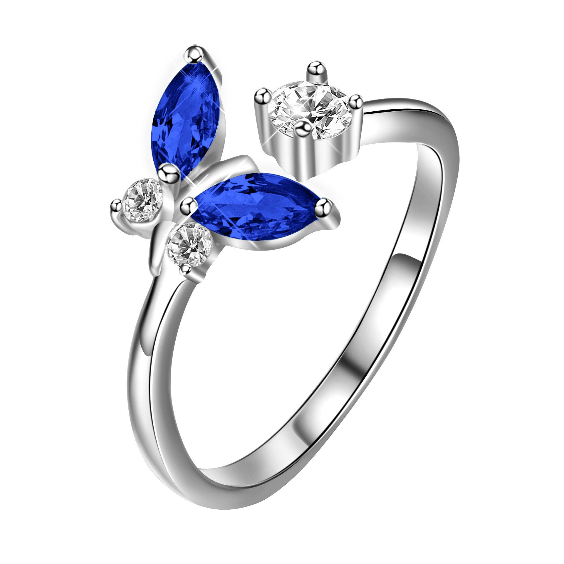 925 Sterling Silver Butterfly Ring with Sapphire Blue Crystal - Adjustable.