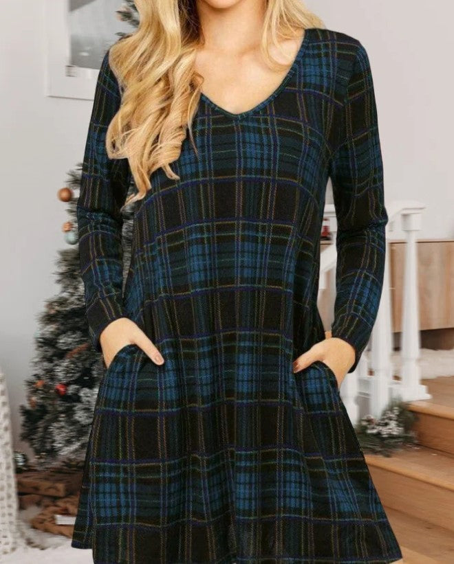 Printed Checks V-neck Pocket Long Sleeve Short Dress