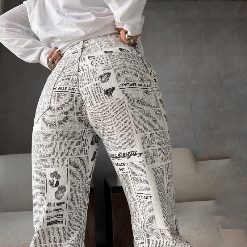 Text Print High Wais Slim Fit Straight Patchwork Pants