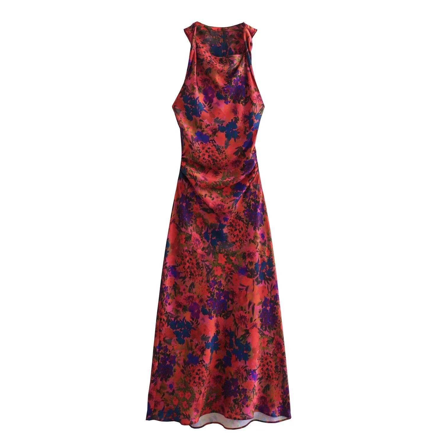 Flower Printed Silk Satin Sleeveless Dress