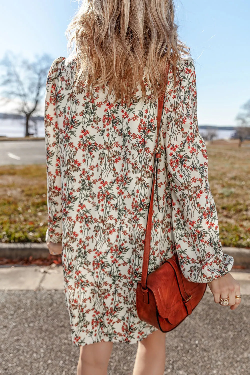 Fall Floral Round Neck  Mini Dress with Long Sleeve