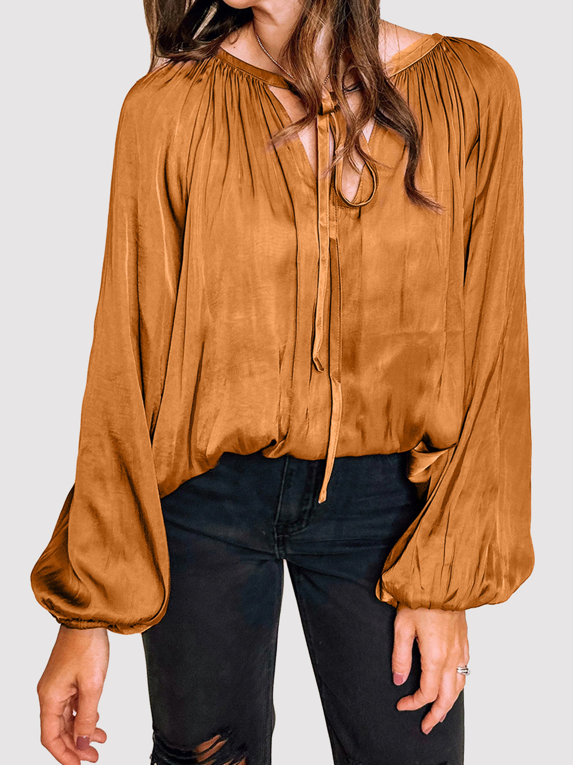 Caramel Tie Neck Balloon Sleeve Blouse