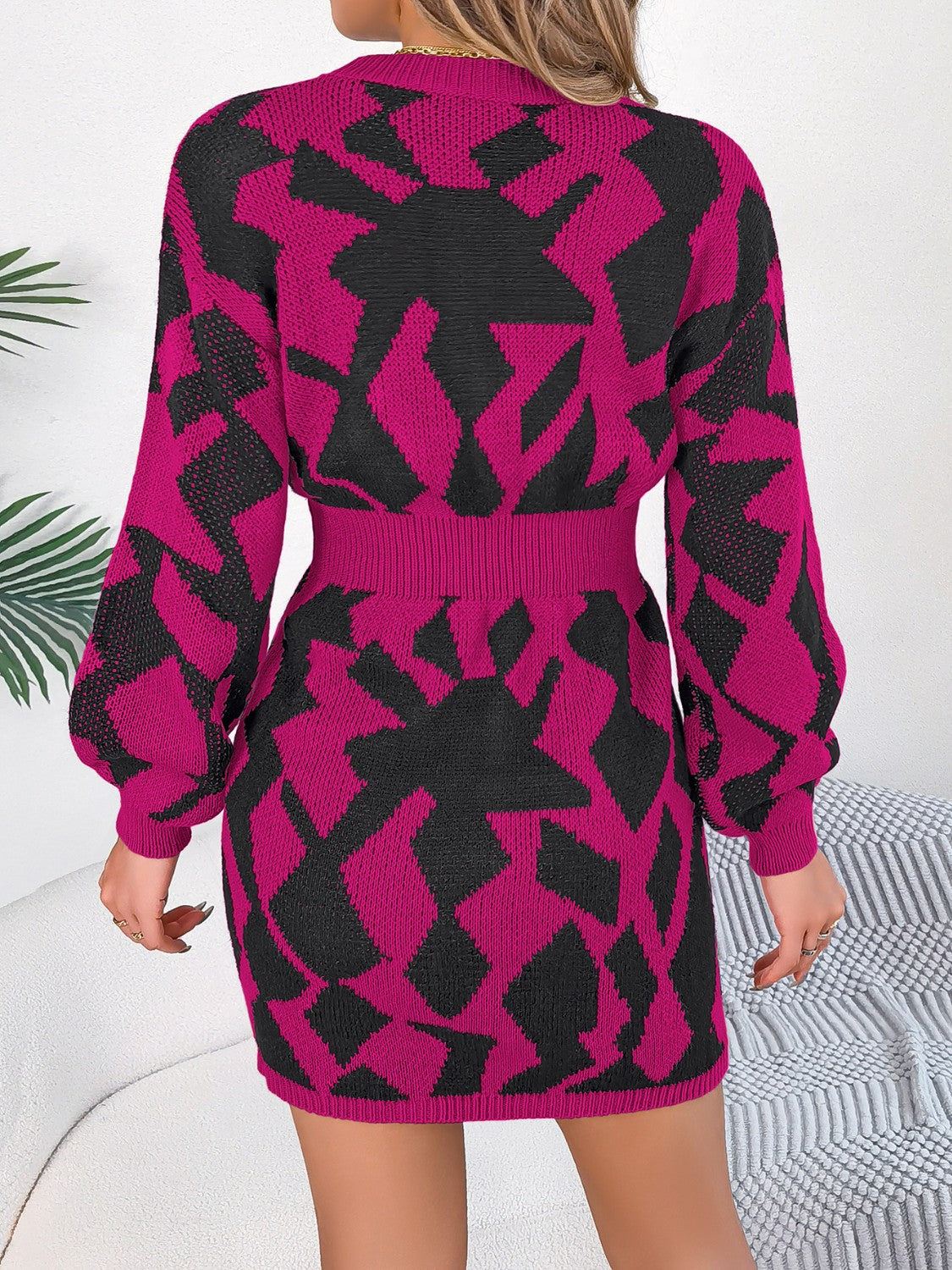 Unique Print Design Mini Sweater Dress with  Round Neck Cutout & Long Sleeve