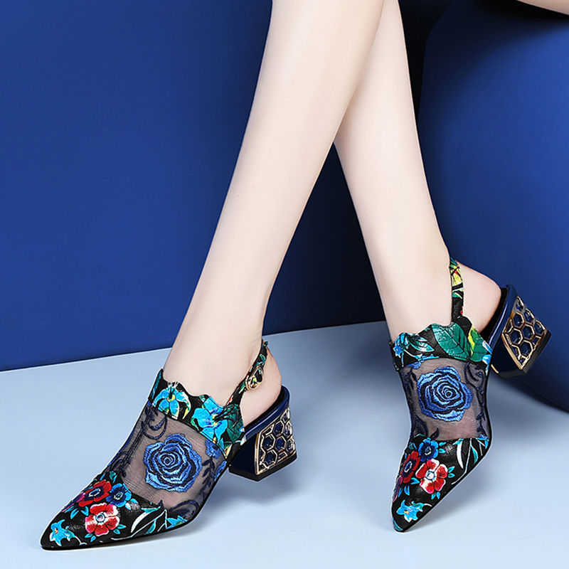 Floral Mesh Embroidery Buckle Strap Block Heel Pumps