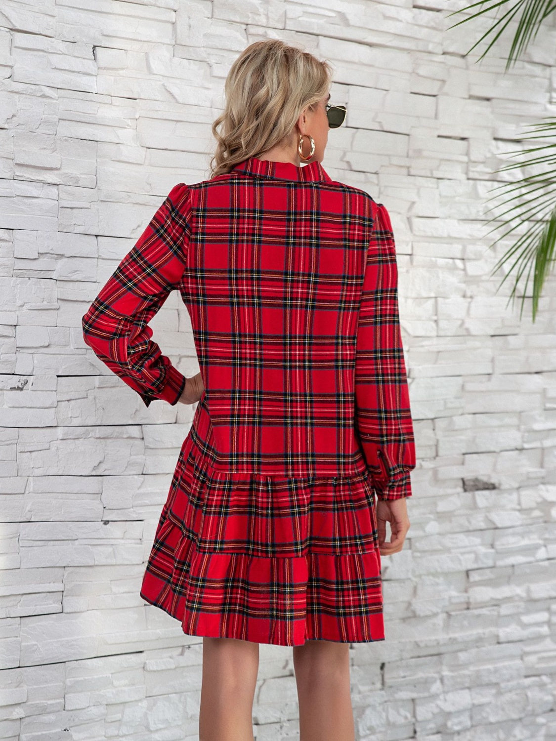 Shirt Style Checkered Plaid Button Down  Ruffle Hem  Dress with  Long Sleeve