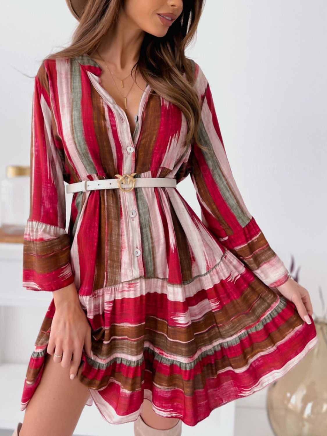 Vibrant Striped Buttoned Mini Dress with  Long Sleeves