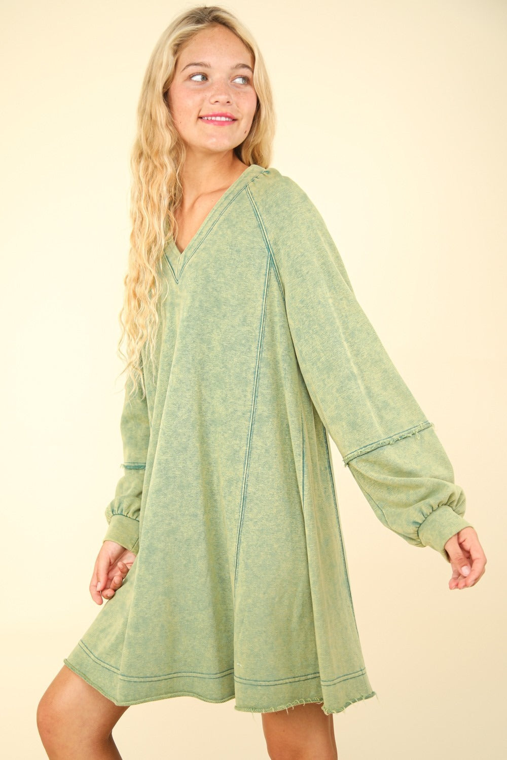 Autumn Mint Mineral Washed Oversized  Mini Dress with Long Sleeves