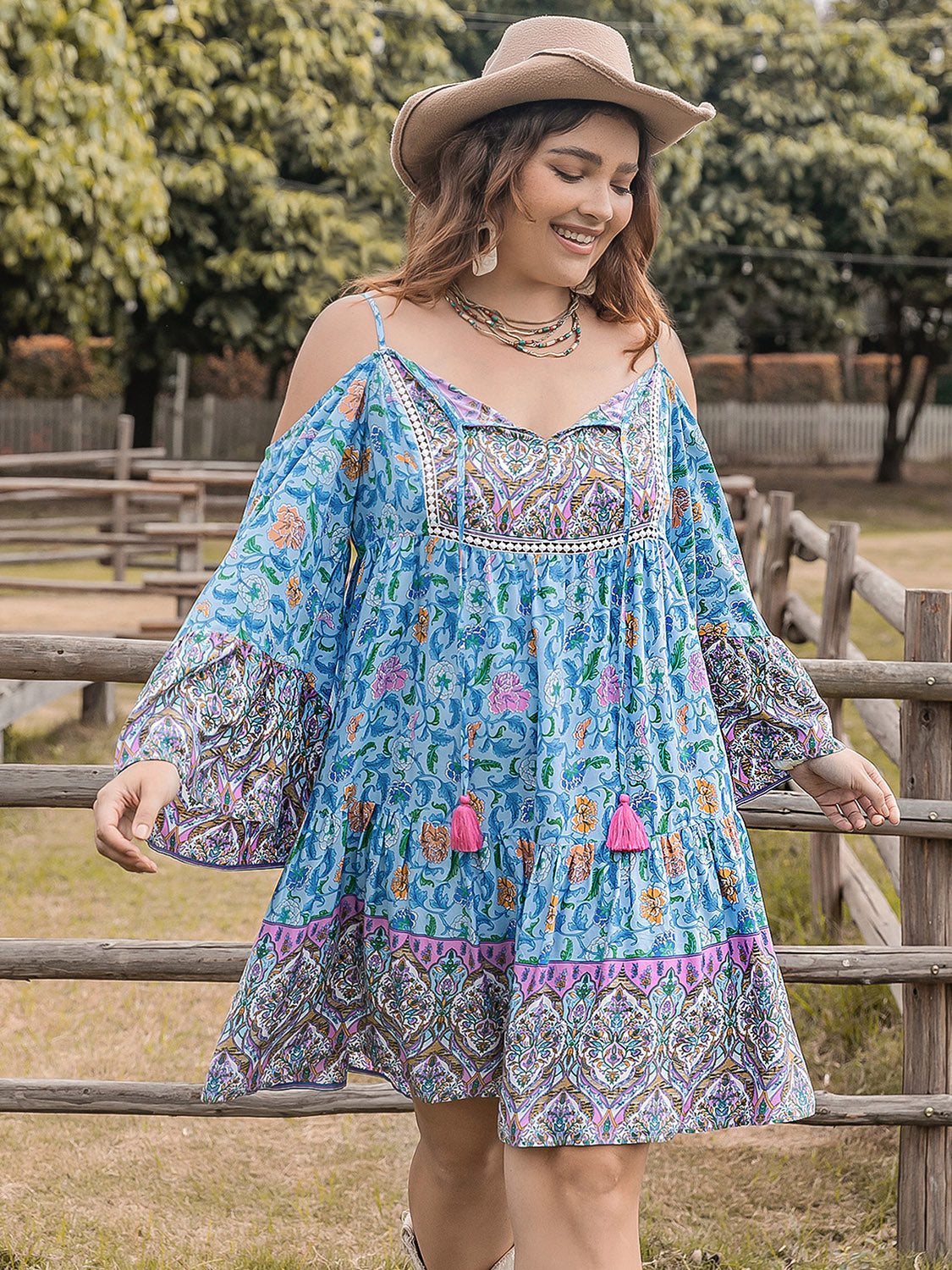 Boho Printed  Plus Size Printed Mini Dress with  Long Sleeve