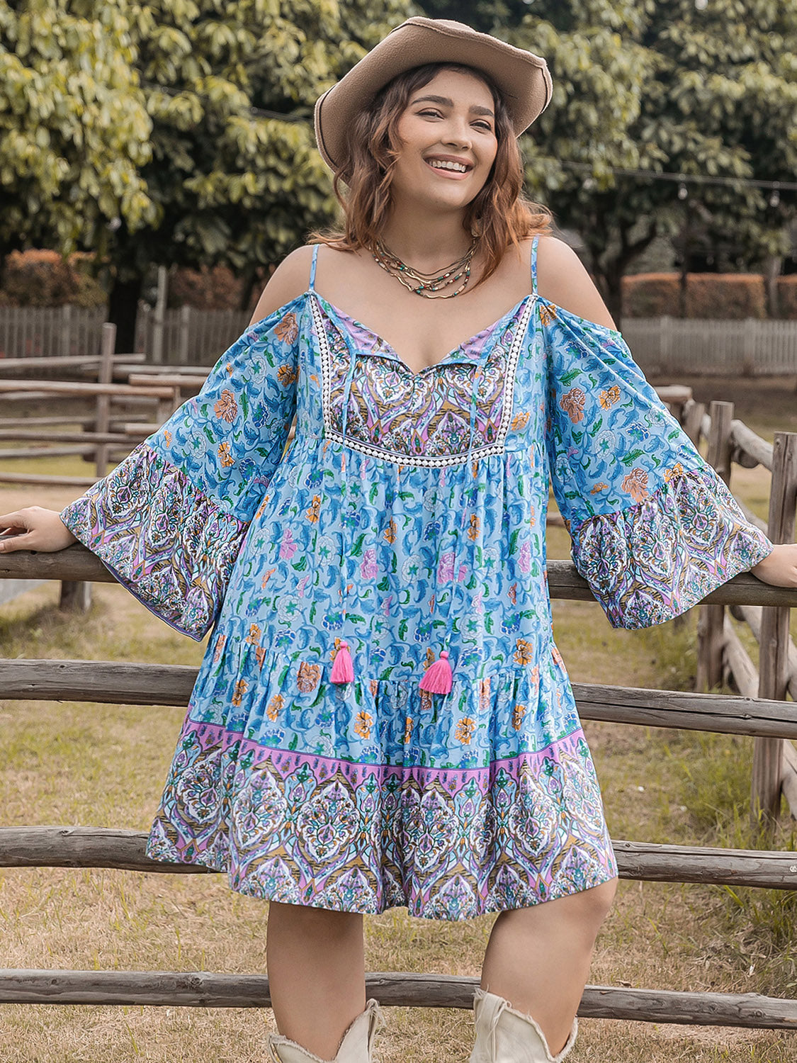 Boho Printed  Plus Size Printed Mini Dress with  Long Sleeve