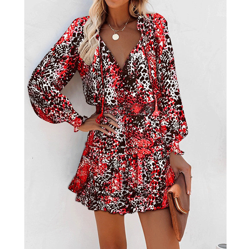 Flowers Patchwork  Print Long Sleeve Dress with Puff Sleeve