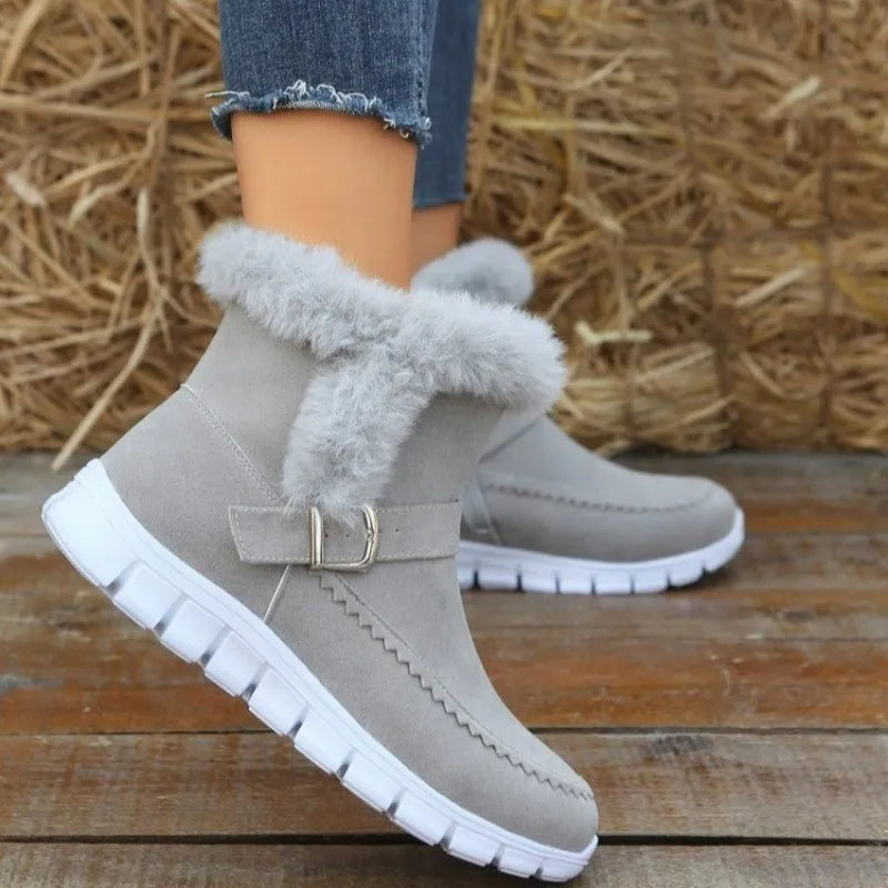 Buckle Strap Plush Fur Ankle Snow Boots