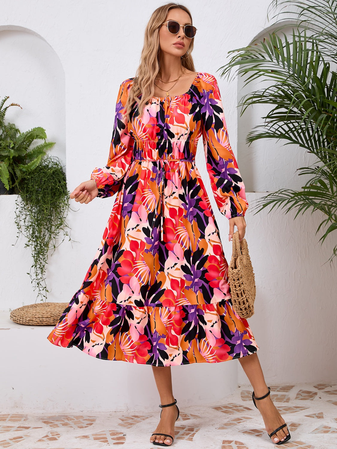 Happy Boho Printed Midi Dress with Long Sleeve