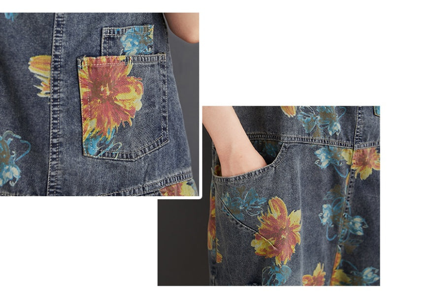 Printed And Washed Casual Oversized Denim Overalls