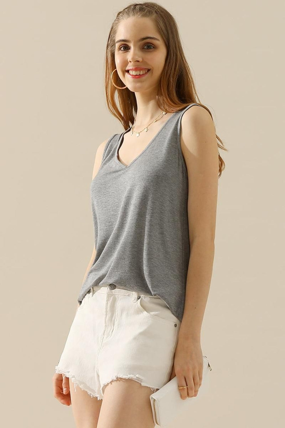 Sheer V-Neck Curved Hem Tank