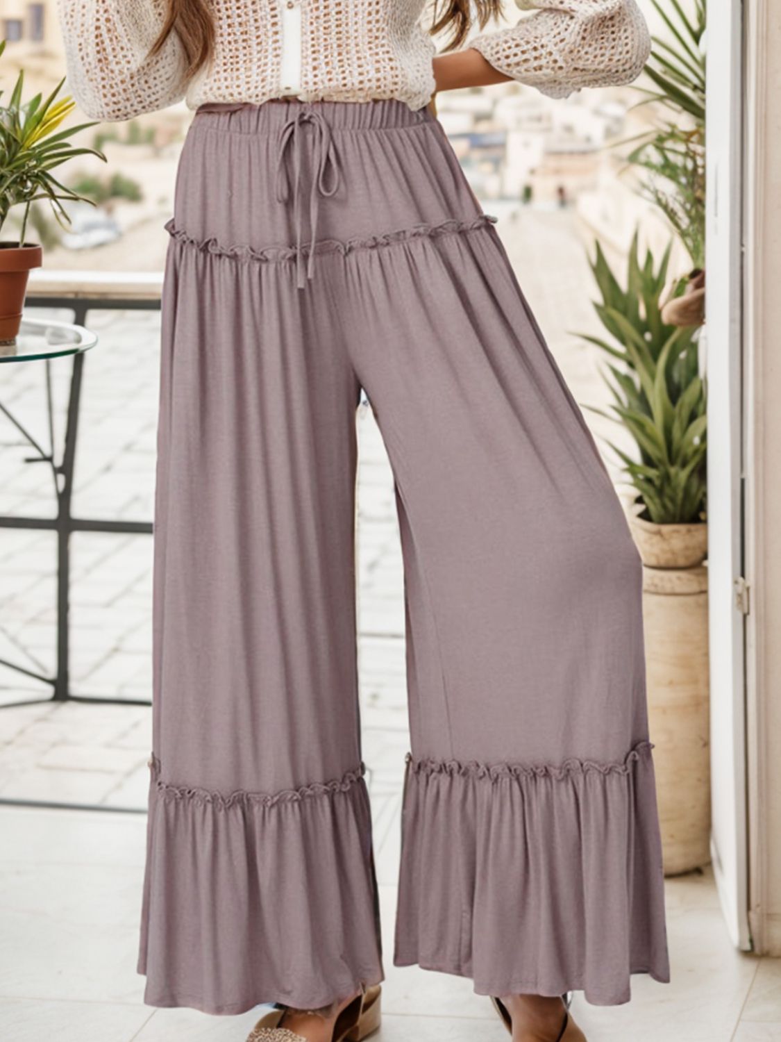 Breezy Ruffle Hem Wide Leg Trim Pants