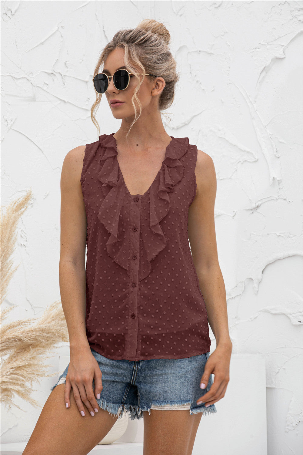 Swiss Dot Ruffled Wide Strap Tank Top