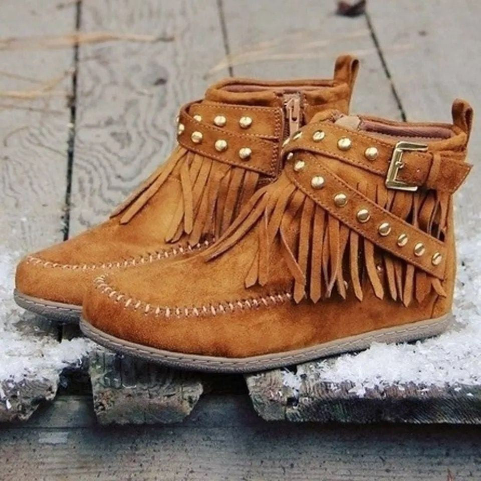 Retro Flat Ankle Moccasin Boots With Rivet Tassel