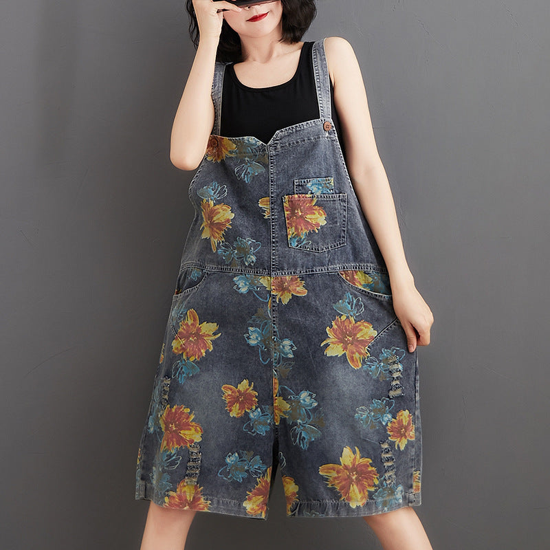 Printed And Washed Casual Oversized Denim Overalls