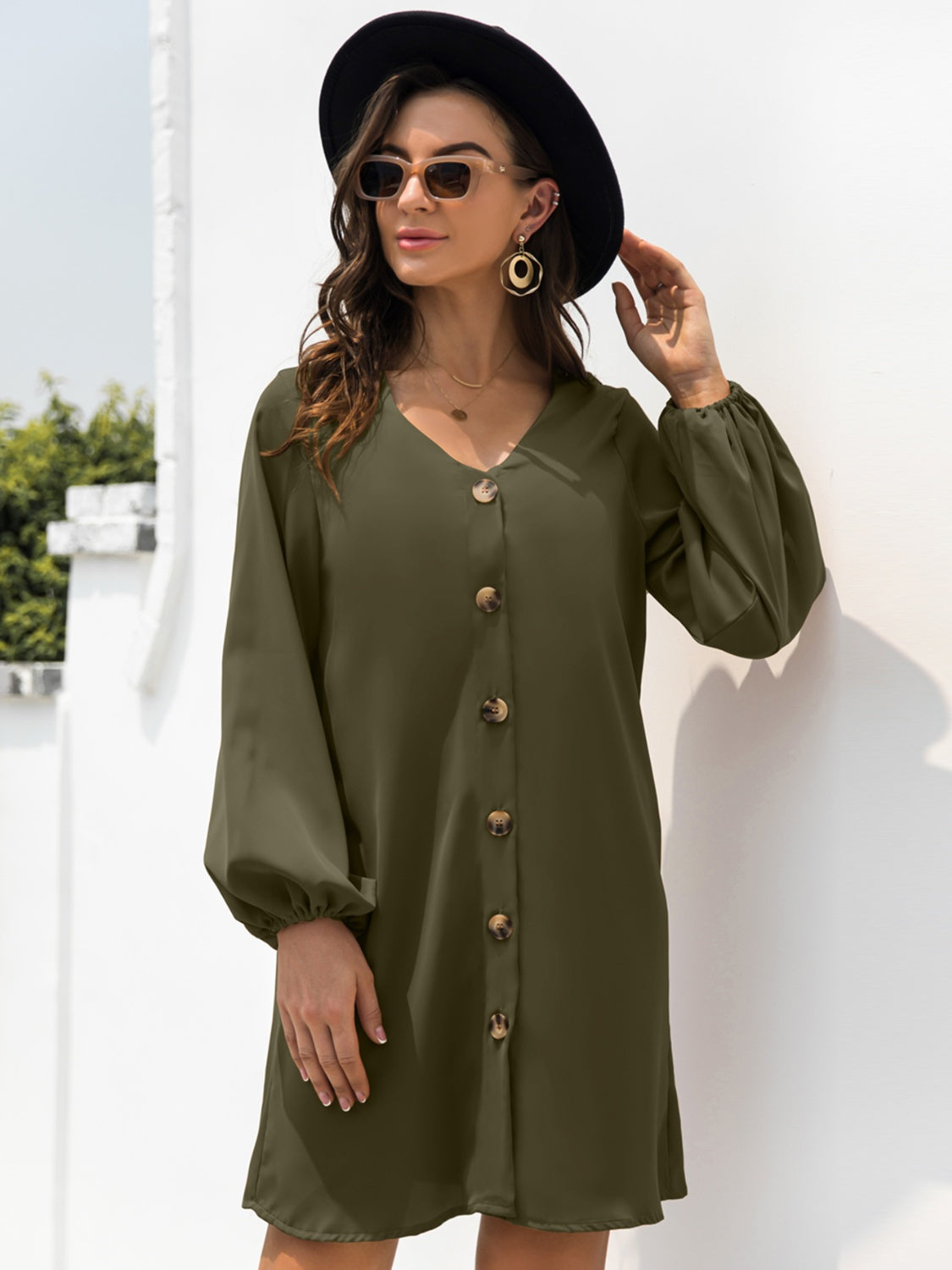 New Autumn  Mini Buttoned Dress with V-Neck & Long Sleeves