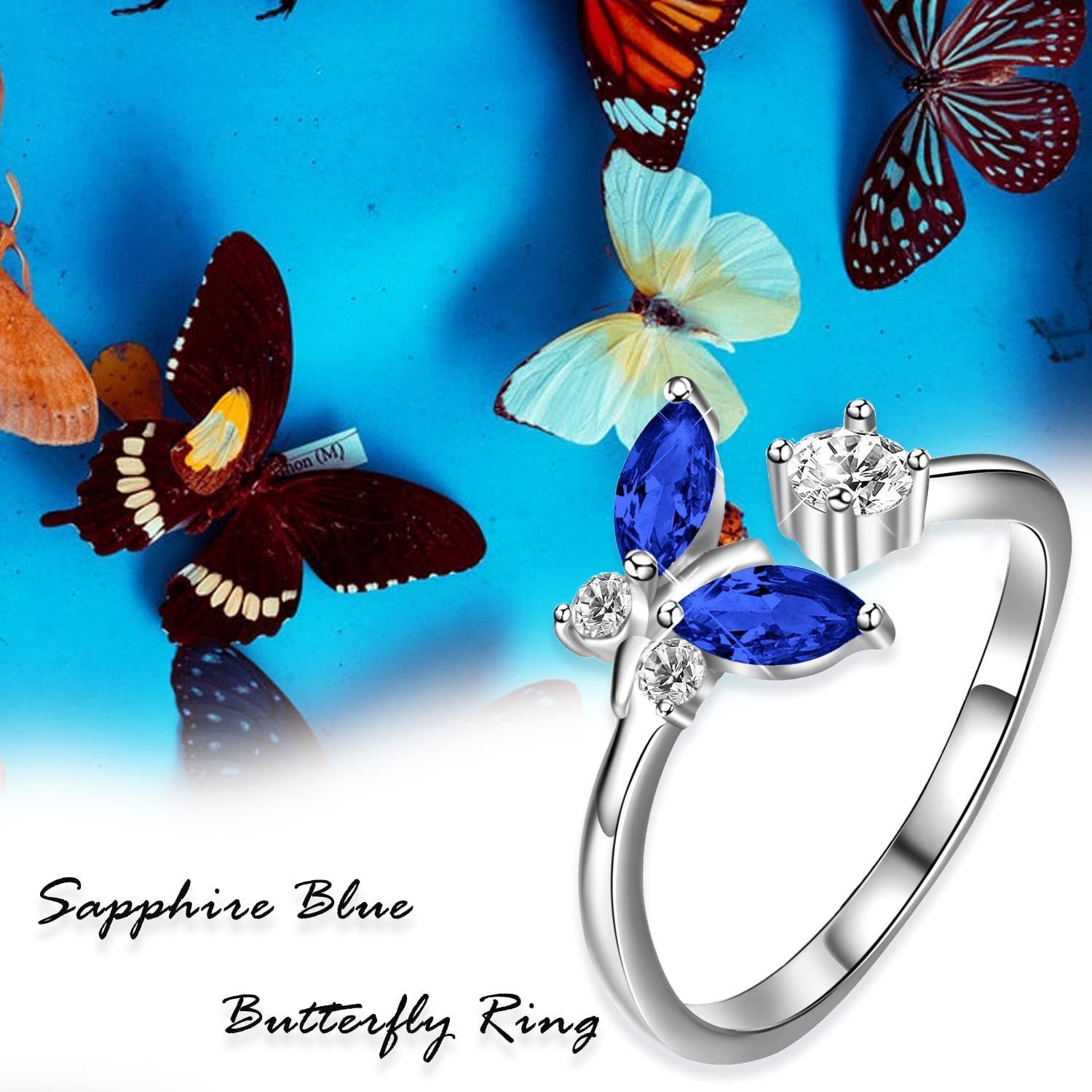 925 Sterling Silver Butterfly Ring with Sapphire Blue Crystal - Adjustable.